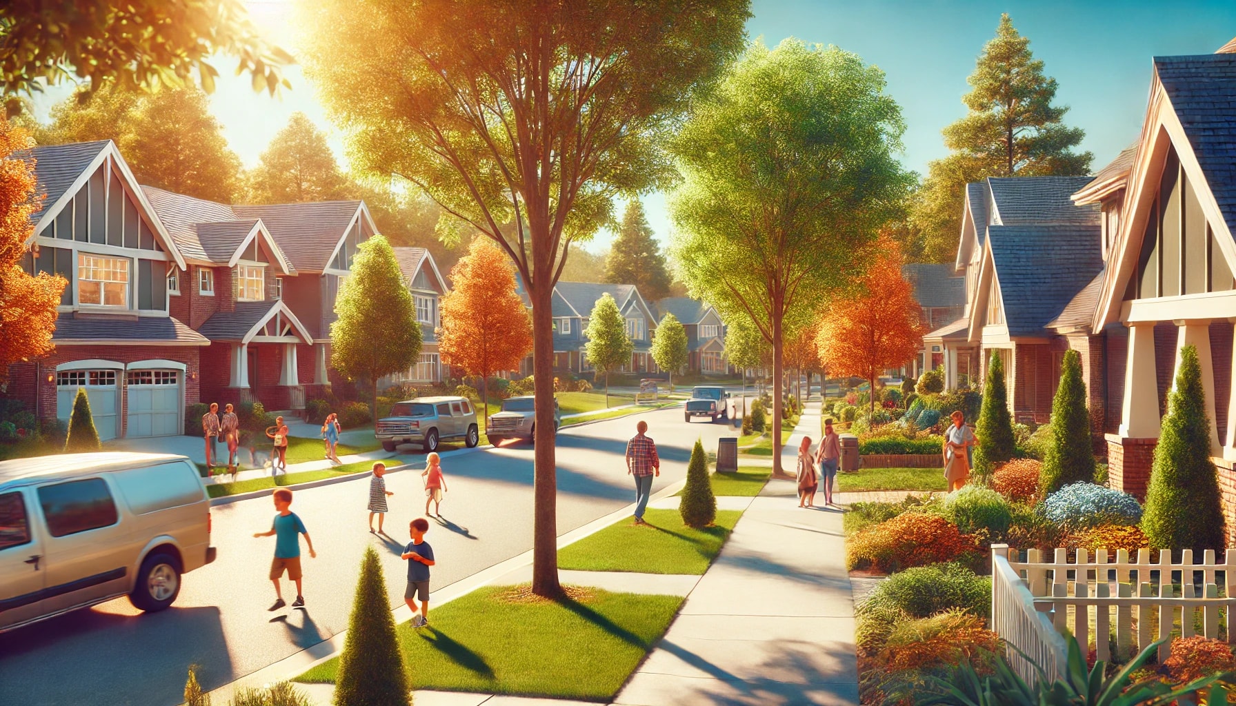 A welcoming residential street with green lawns and sidewalks