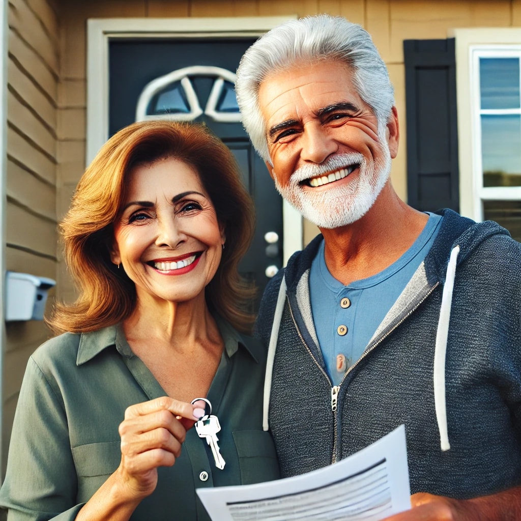 A couple smiling and holding keys in front of their new home